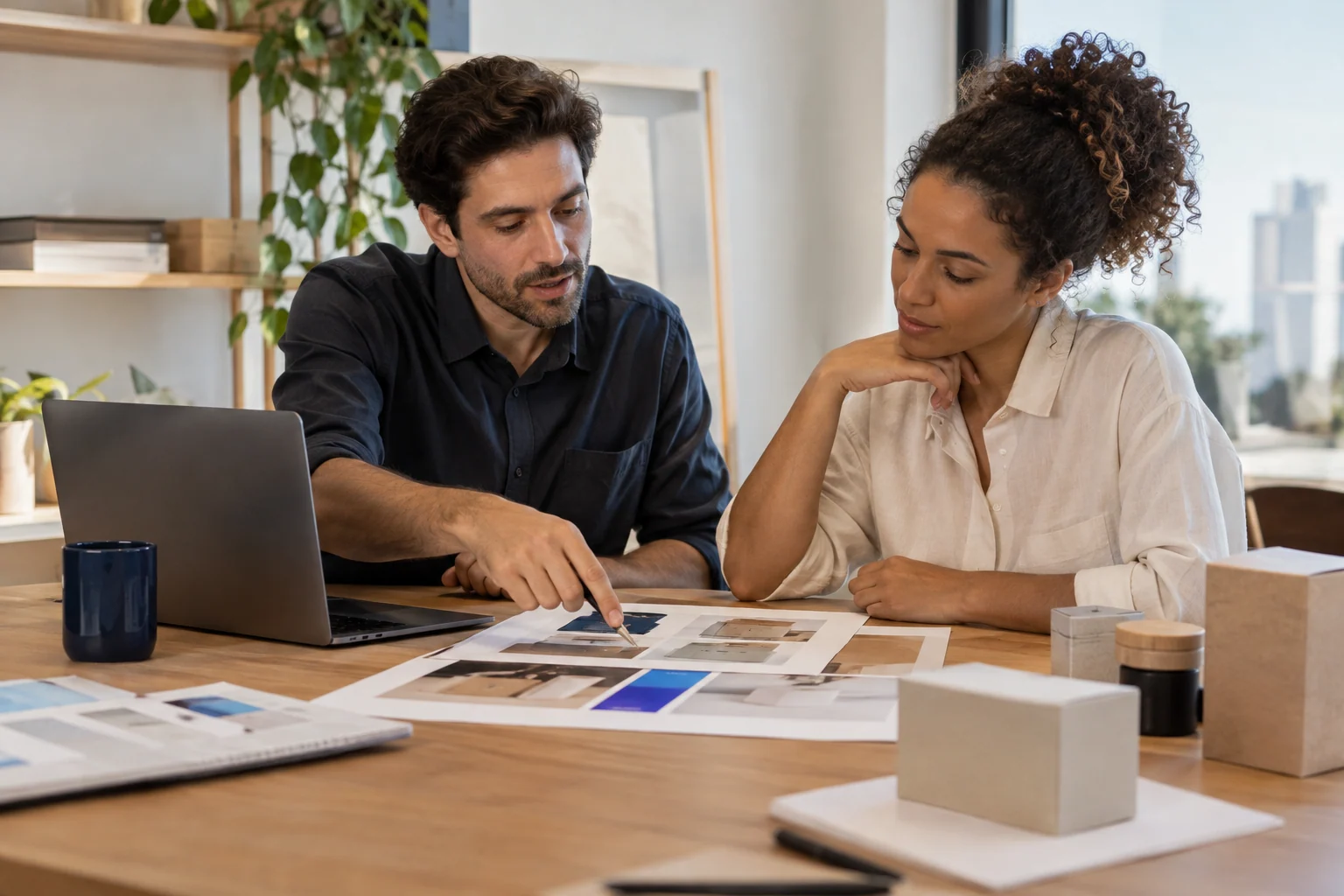 Duas pessoas analisando materiais de apresentação de uma empresa